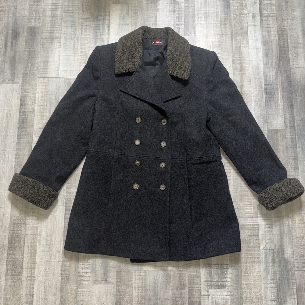 ALORNA VINTAGE Women's Double Breasted Peacoat 100% Wool Mid Length Size L  USA